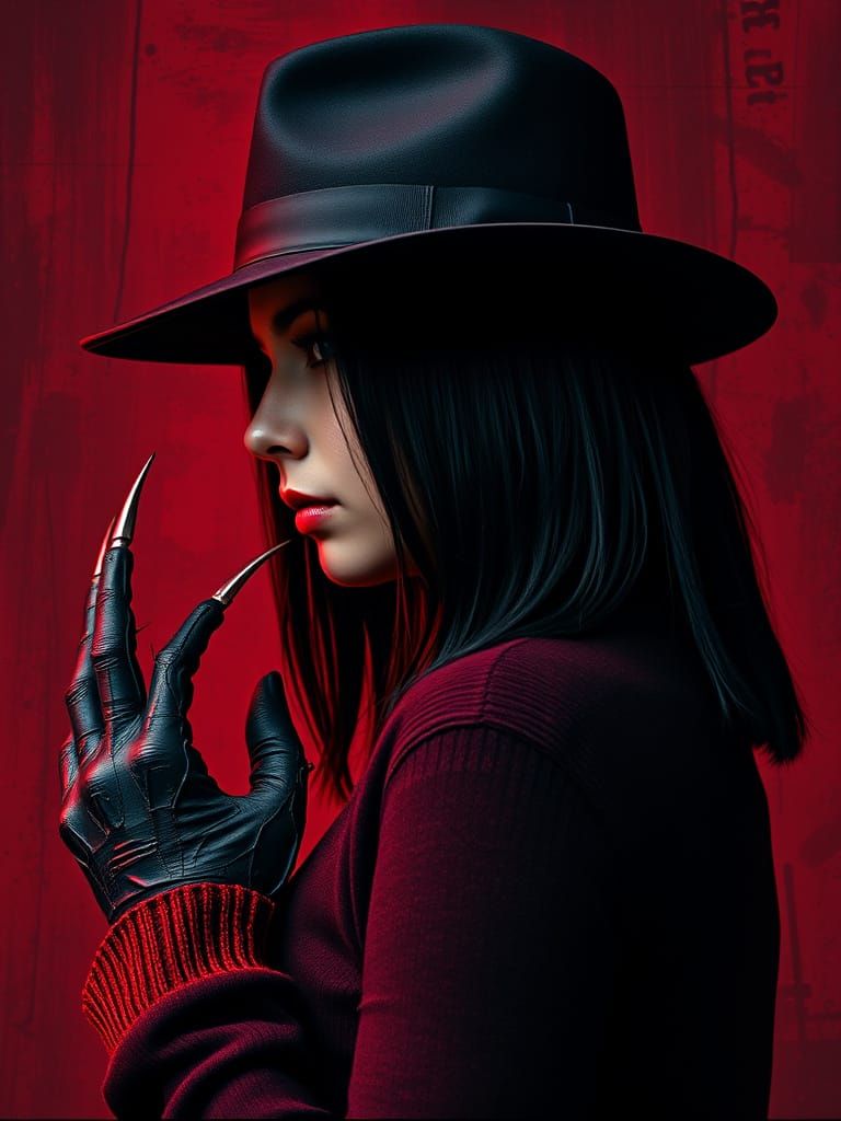 Woman in Freddy Krueger Attire with Grudge Background
