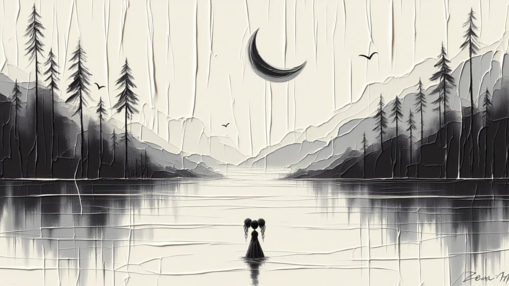 Sunrise Over Crystal Lake in Sumi-e Style