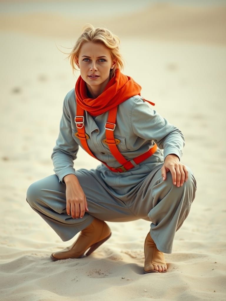 Confident Woman in Red Scarf on Sandy Surface