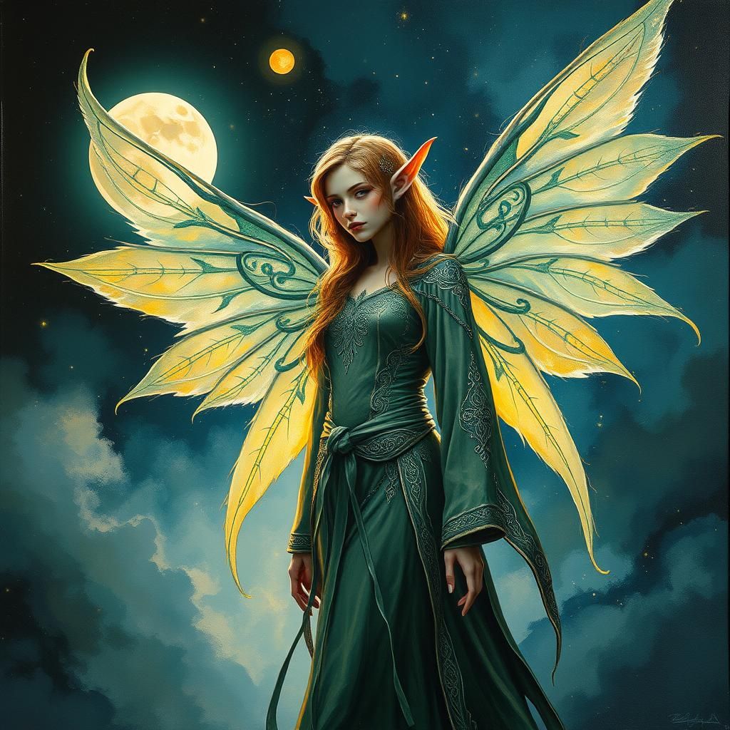 Cosmic Fairy Elf in Moonlit Surreal Dreamscape