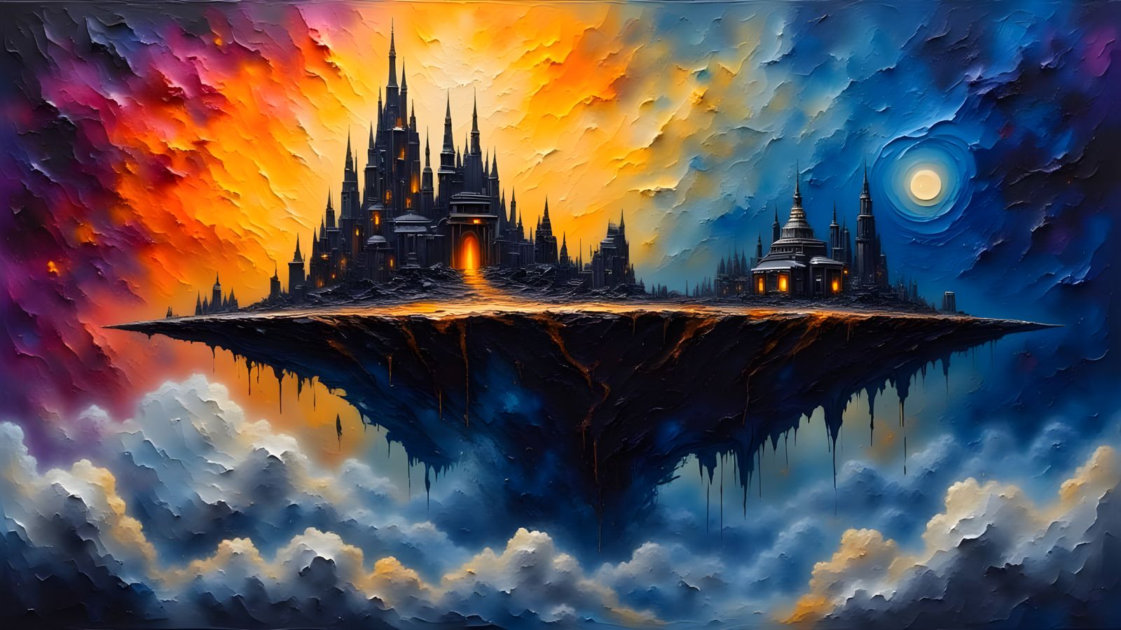 Dystopian Floating City in Stormy Clouds