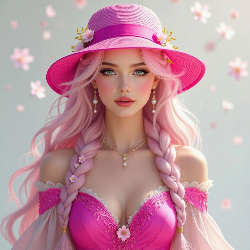 Glamorous Woman Portrait with Pink Hair in Art Nouveau Style