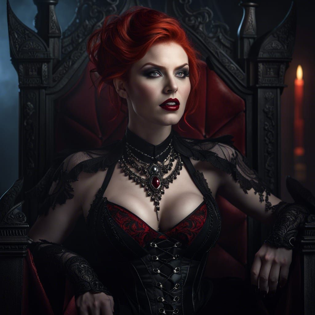 Redheaded Vampire Queen on Gothic Throne