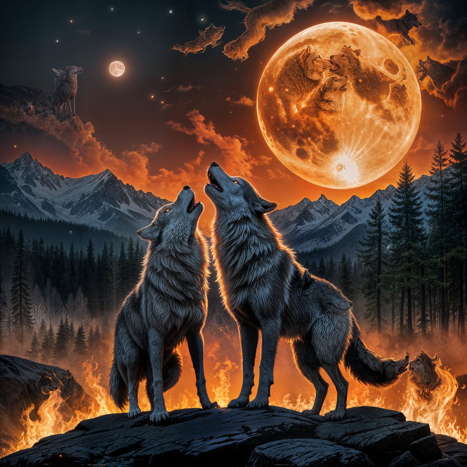 Moonlit Wolves in Fiery Splendor