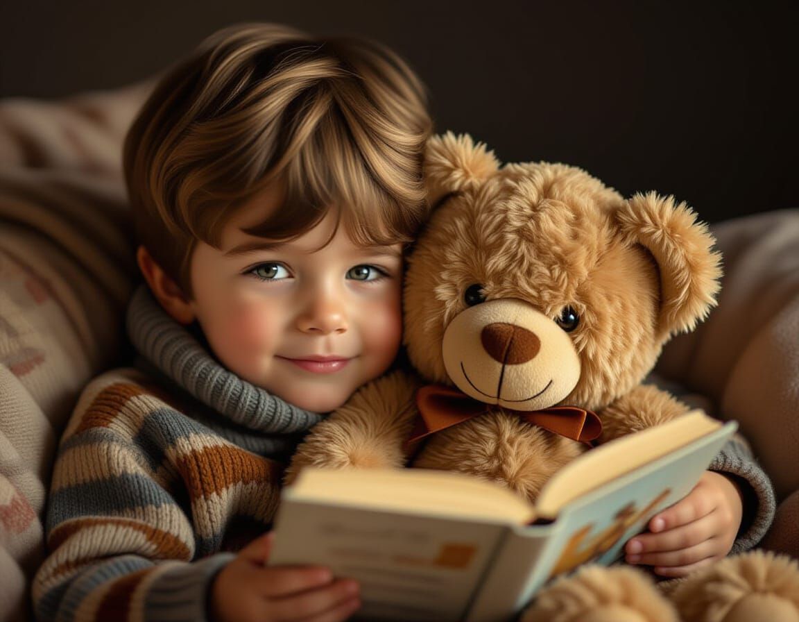 Warm Portrait of Boy Reading with Teddy Bear