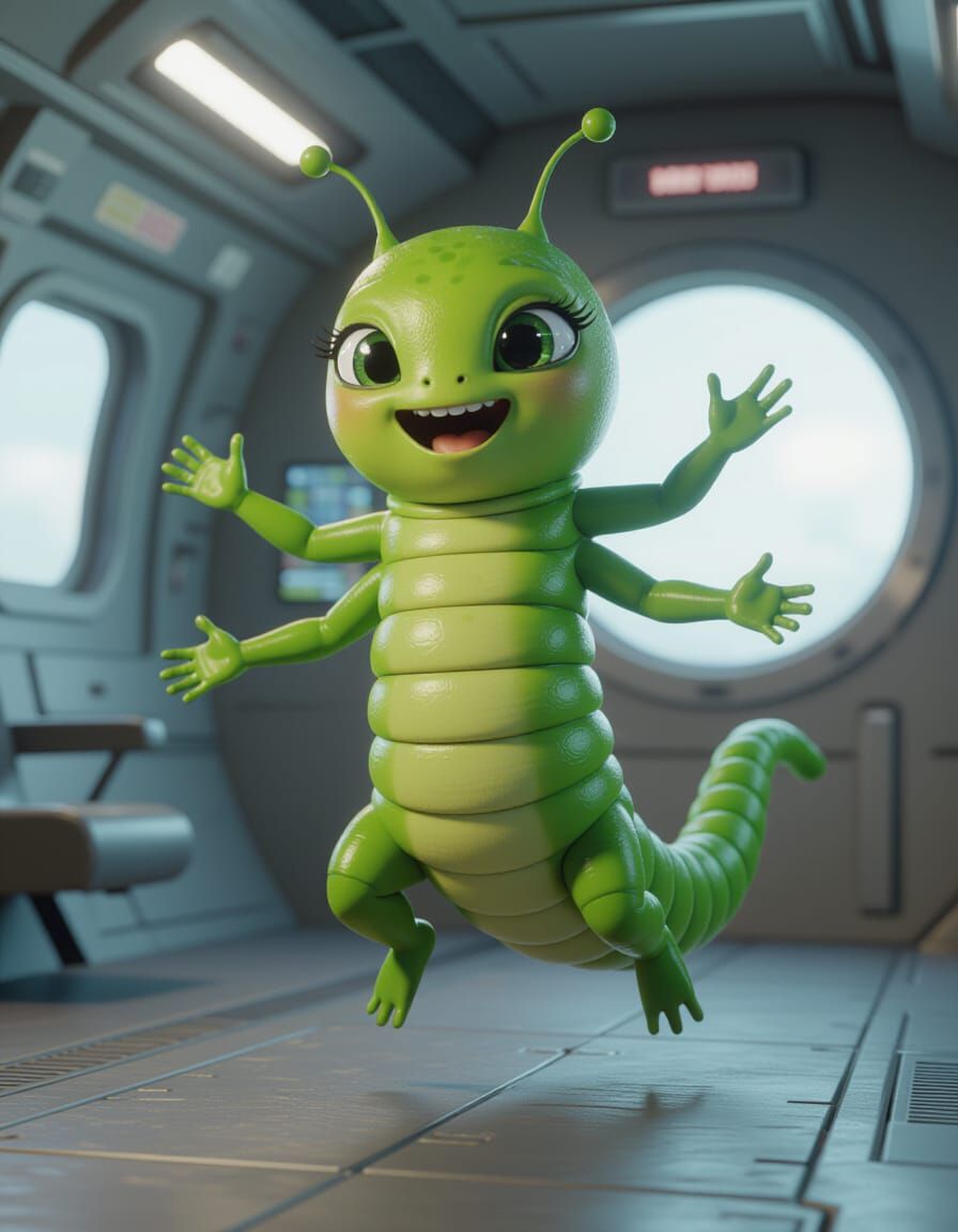Cute Alien Caterpillar Jumps for Joy in Spaceship