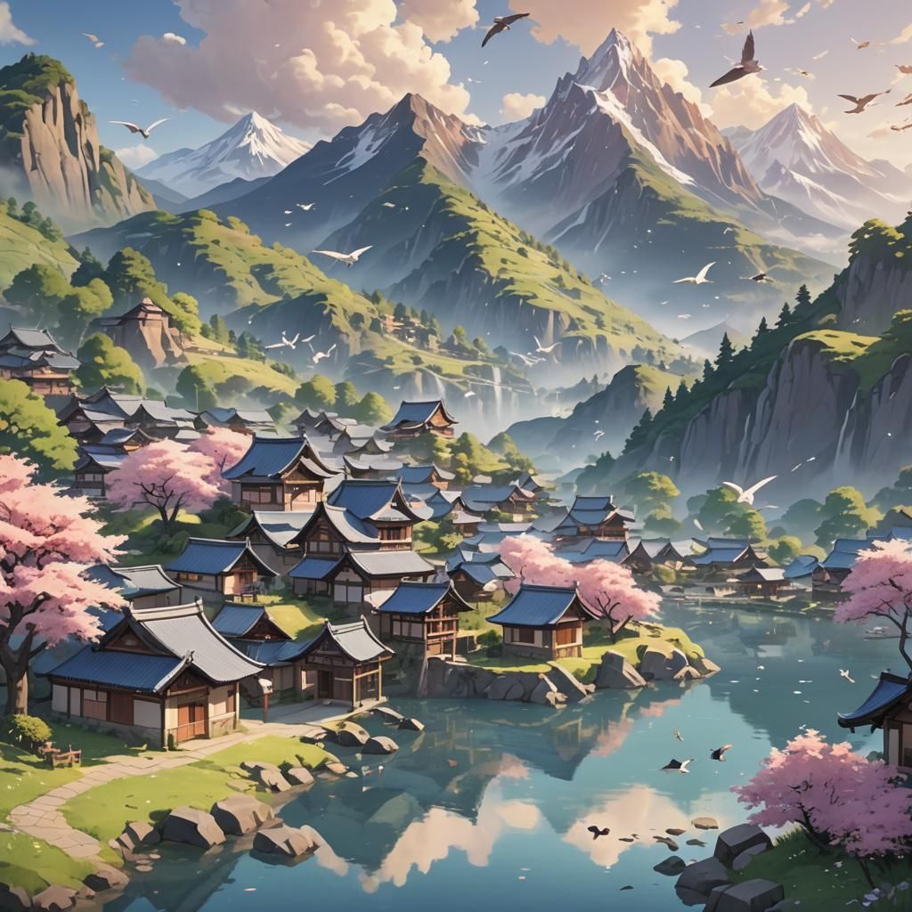 Anime Village at Mountain Lake: 3D Art