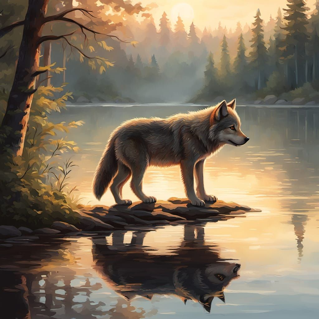 Wolf Cub Gazing at Sunrise in Impressionist Style