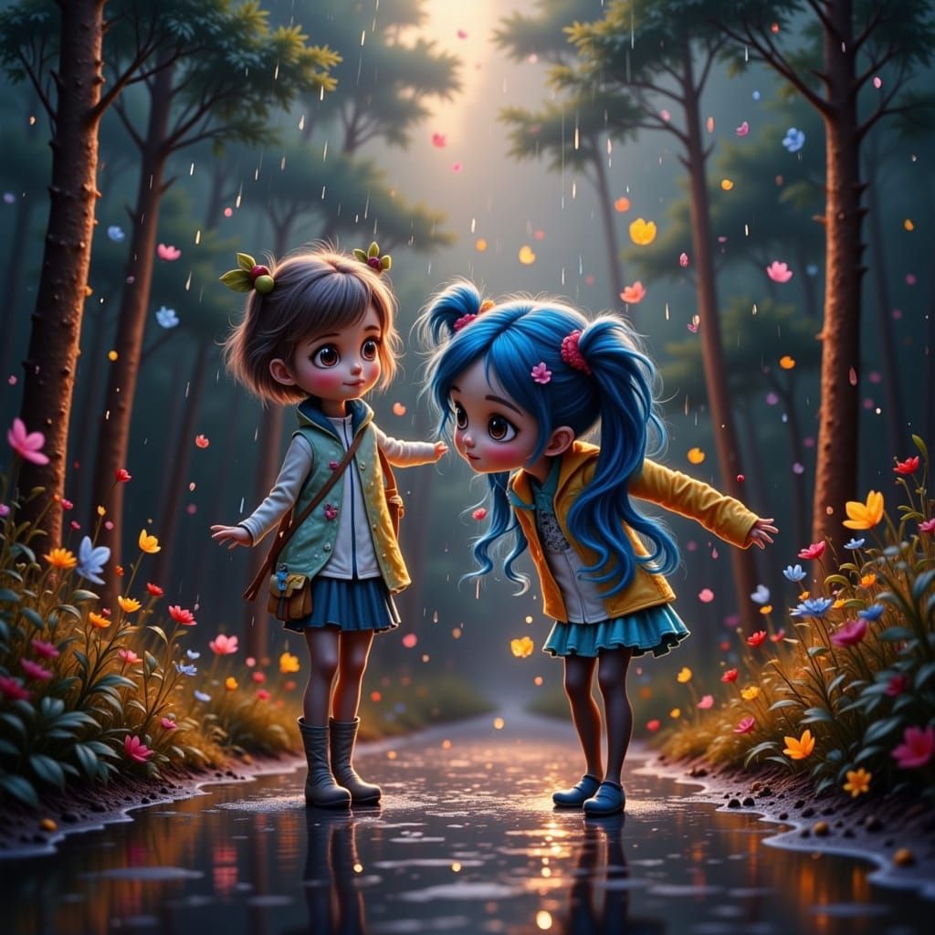 Blue-Haired Woman in Yellow Raincoat in Whimsical Forest