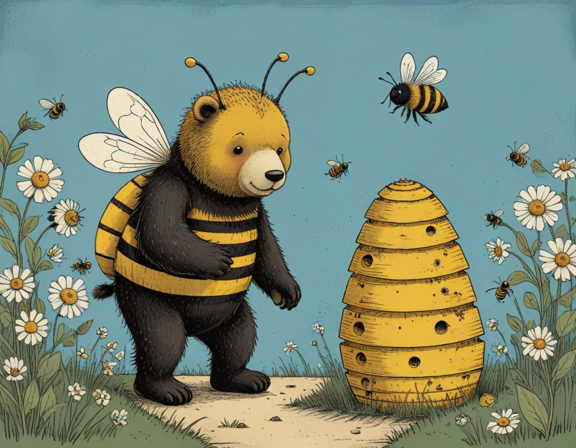 Teddy Bear Bee Woodcut Art in Whimsical Style