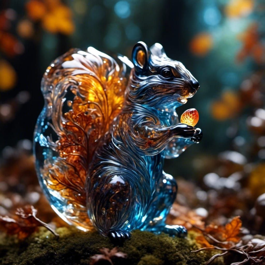 Glass Squirrel with Glowing Acorn in Autumn Forest