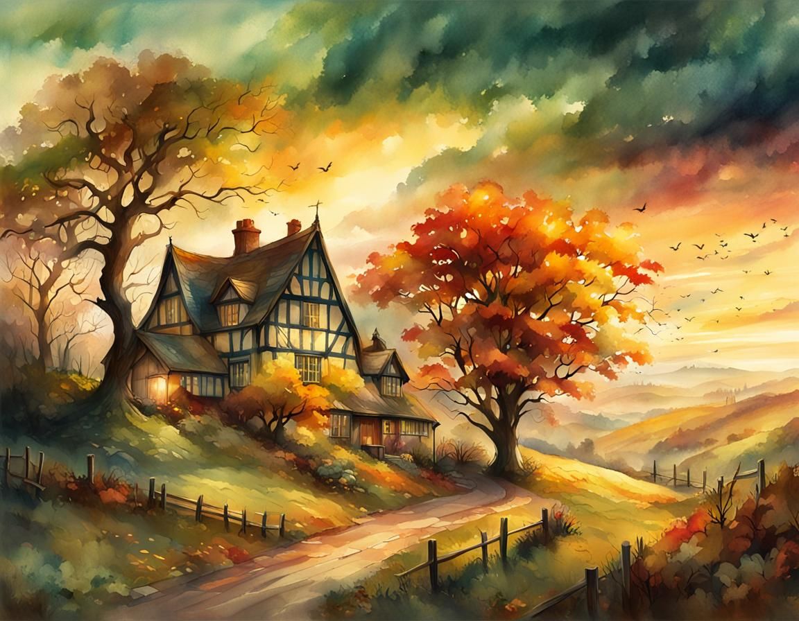 Autumnal Village Sunset Watercolor Painting