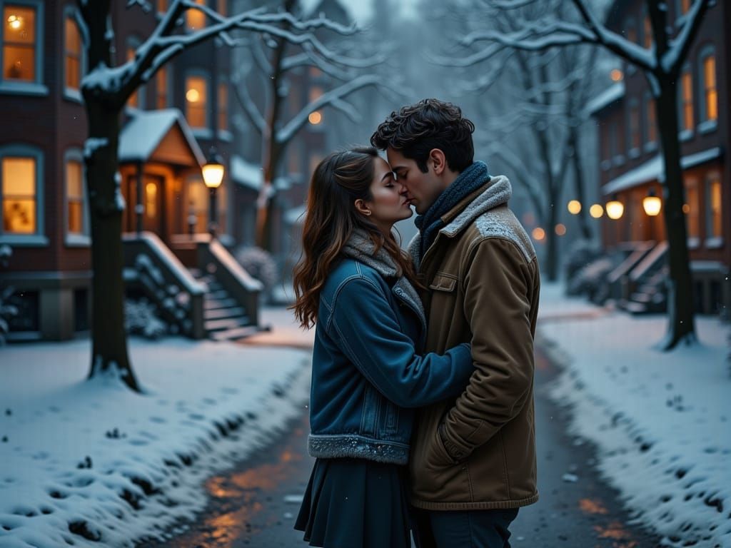 Romantic Winter Kiss in Photorealistic Style