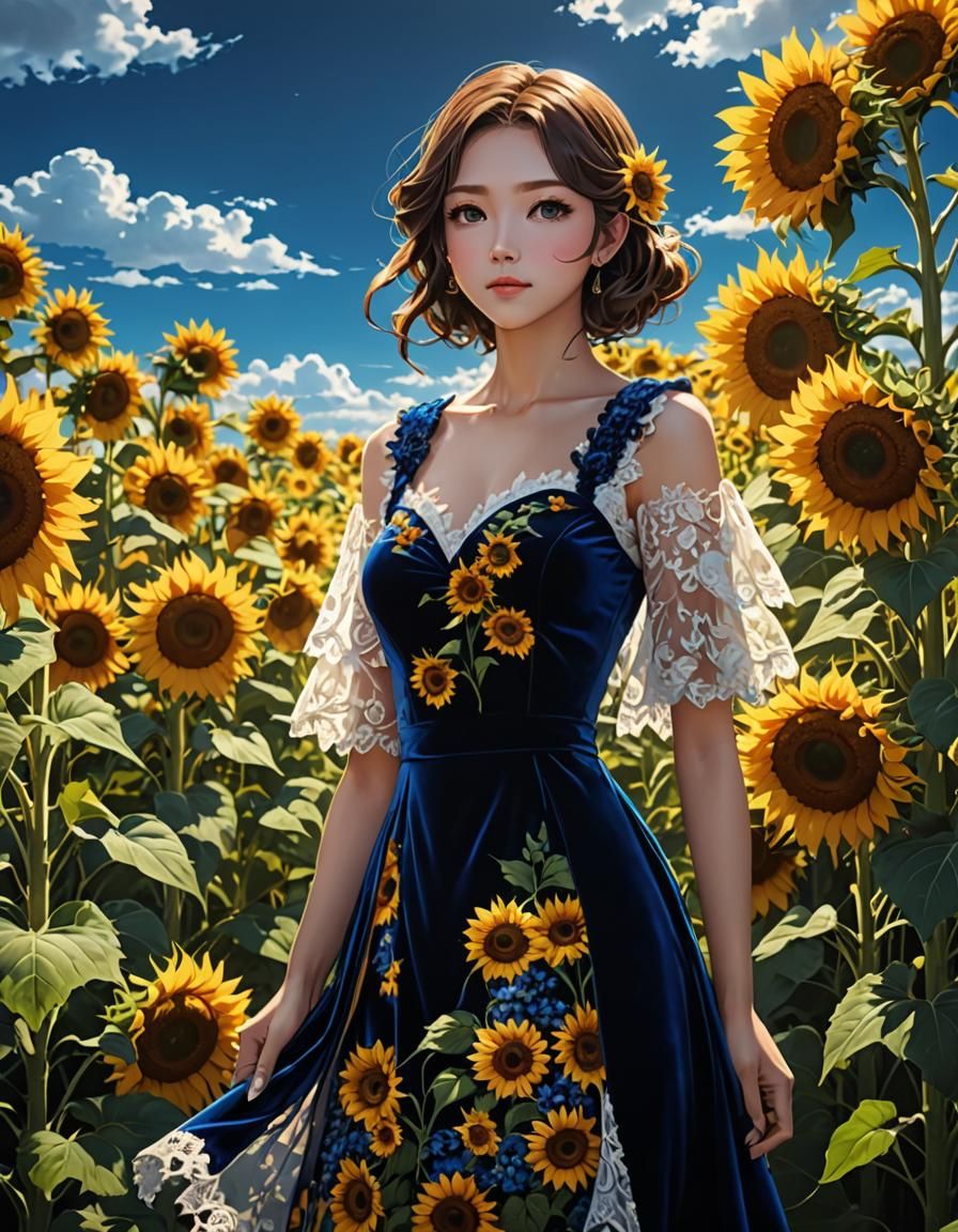 Sunflowers and Blue Velvet Dress, Anime Style