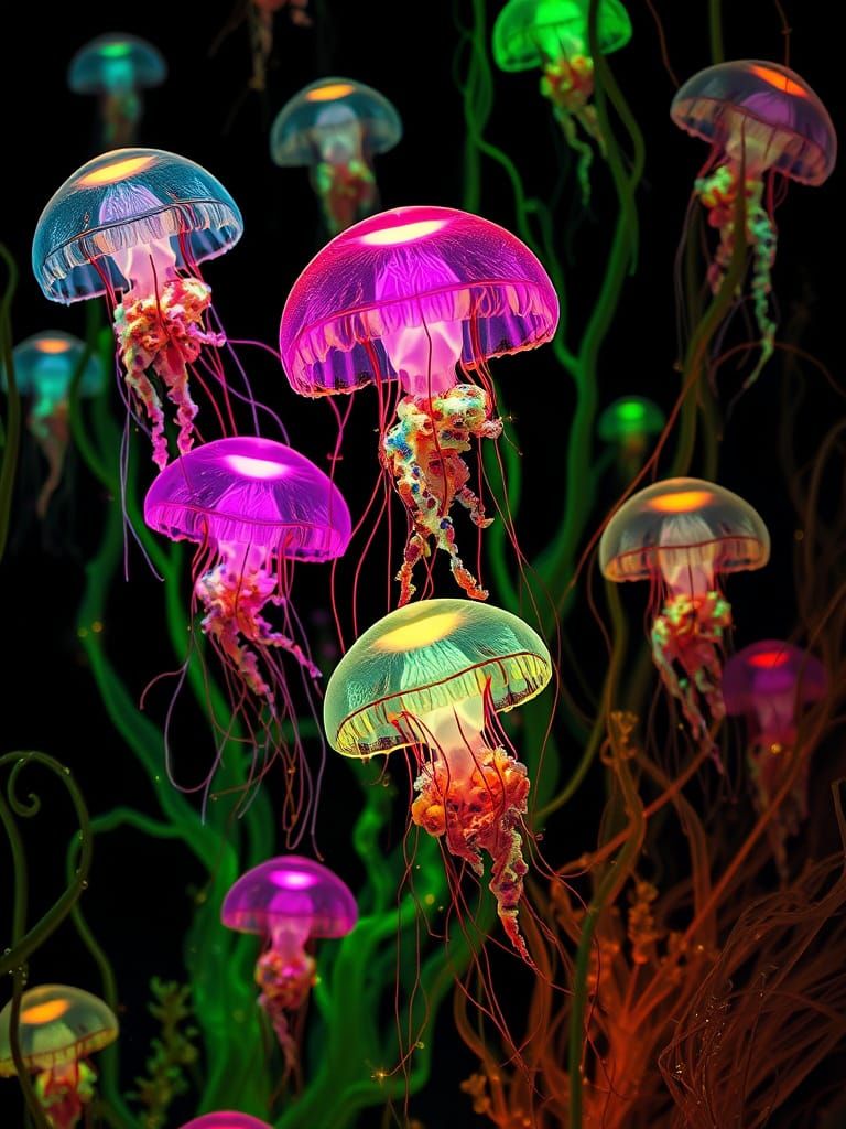 Bioluminescent Jellyfish Colony of Glowing Fruits and Vegeta...