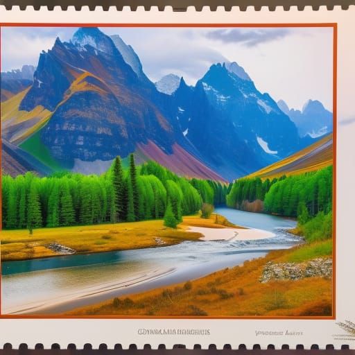 Serene Landscape Postage Stamp in Hyperdetailed 3D