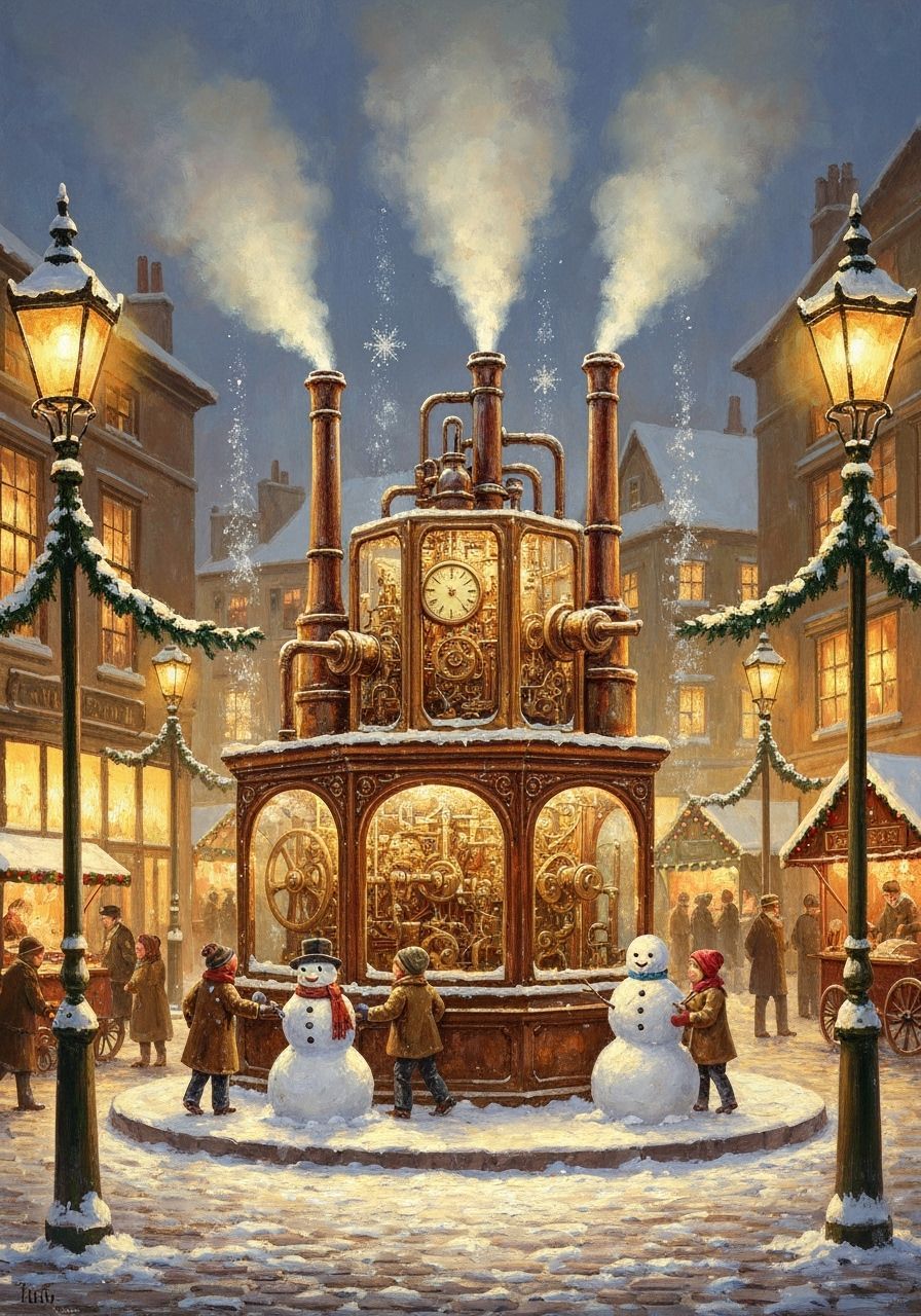 Steampunk Snowfall in Romantic Impressionist Town Square