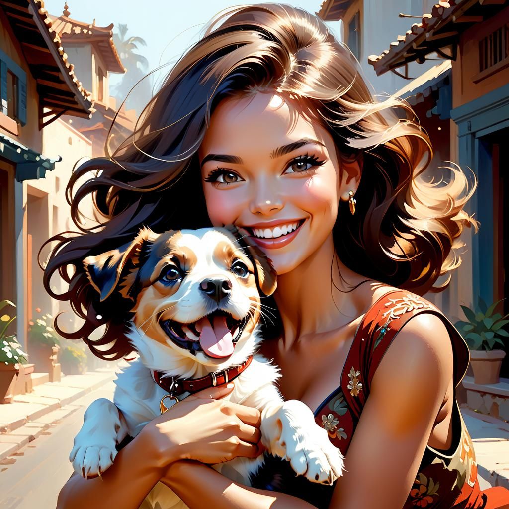 Cheerful Girl Playing with Puppy: Digital Art