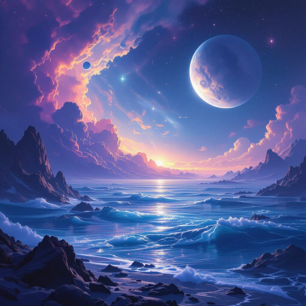 Cosmic Ocean with Giant Moon and Ringed Planet