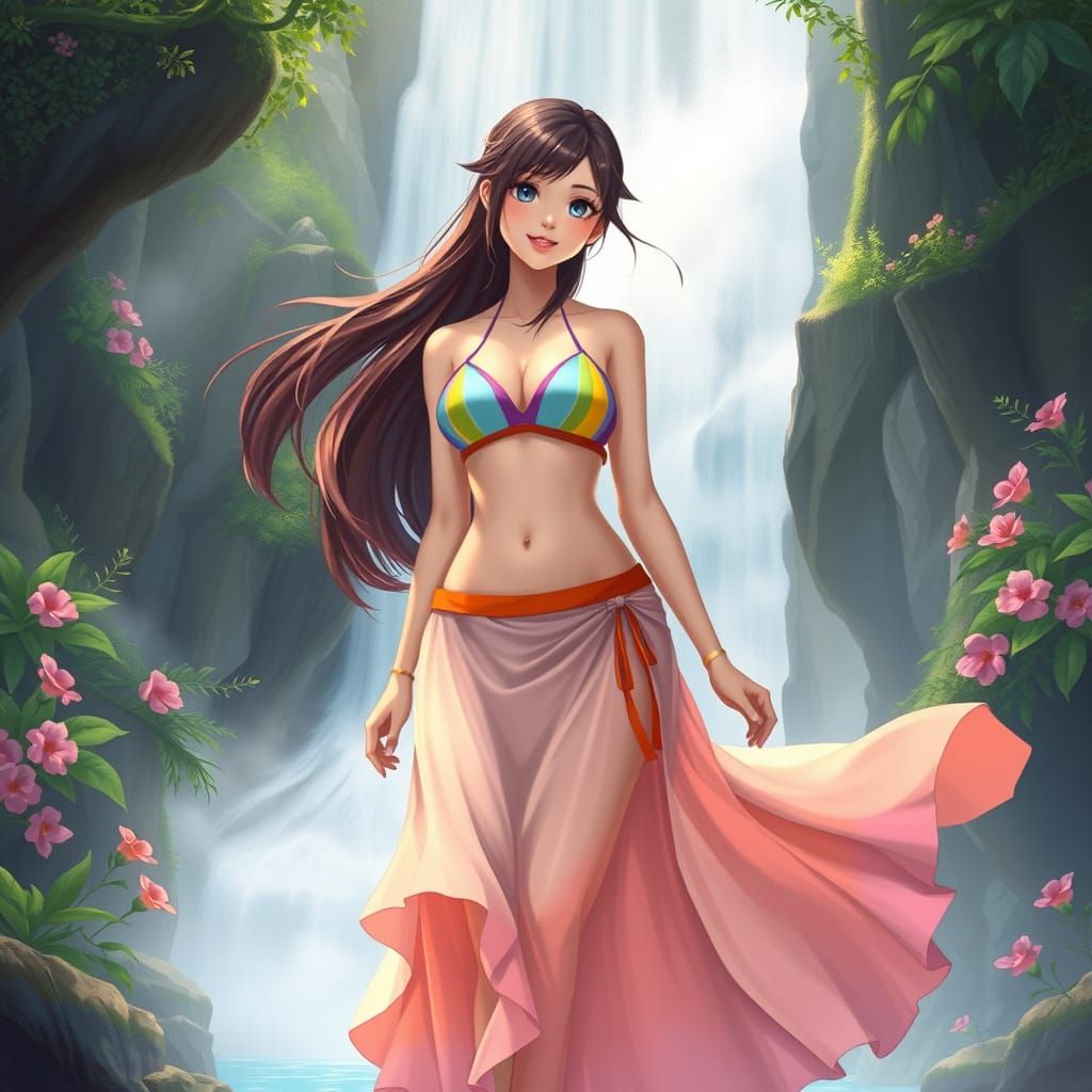 Pastel Fantasy Goddess Amidst Majestic Waterfall