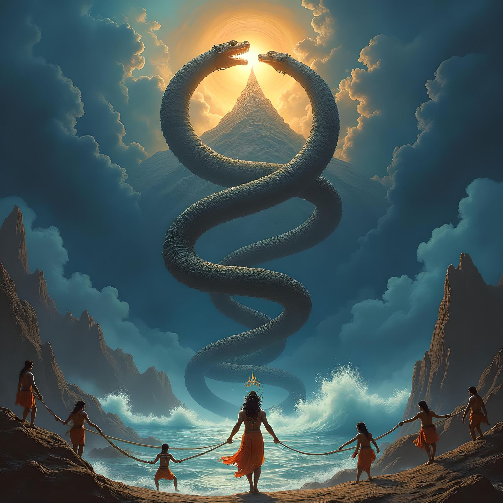 Mount Mandara Churning: Gods, Demons, and Shiva