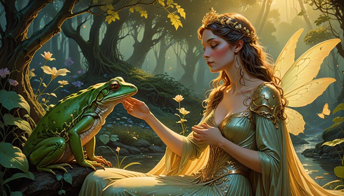 Whimsical Faerie Princess Kissing a Majestic Frog in Enchant...