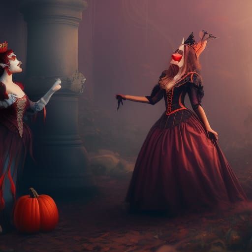 Alice and Queen Halloween, Detailed Digital Painting