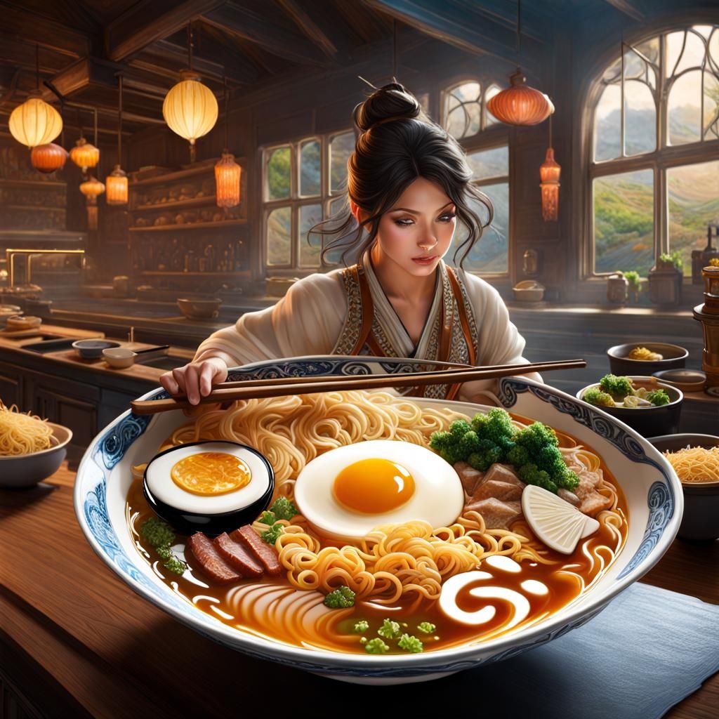 Hyperrealistic Ramen Bowl in Kitchen Wonderland