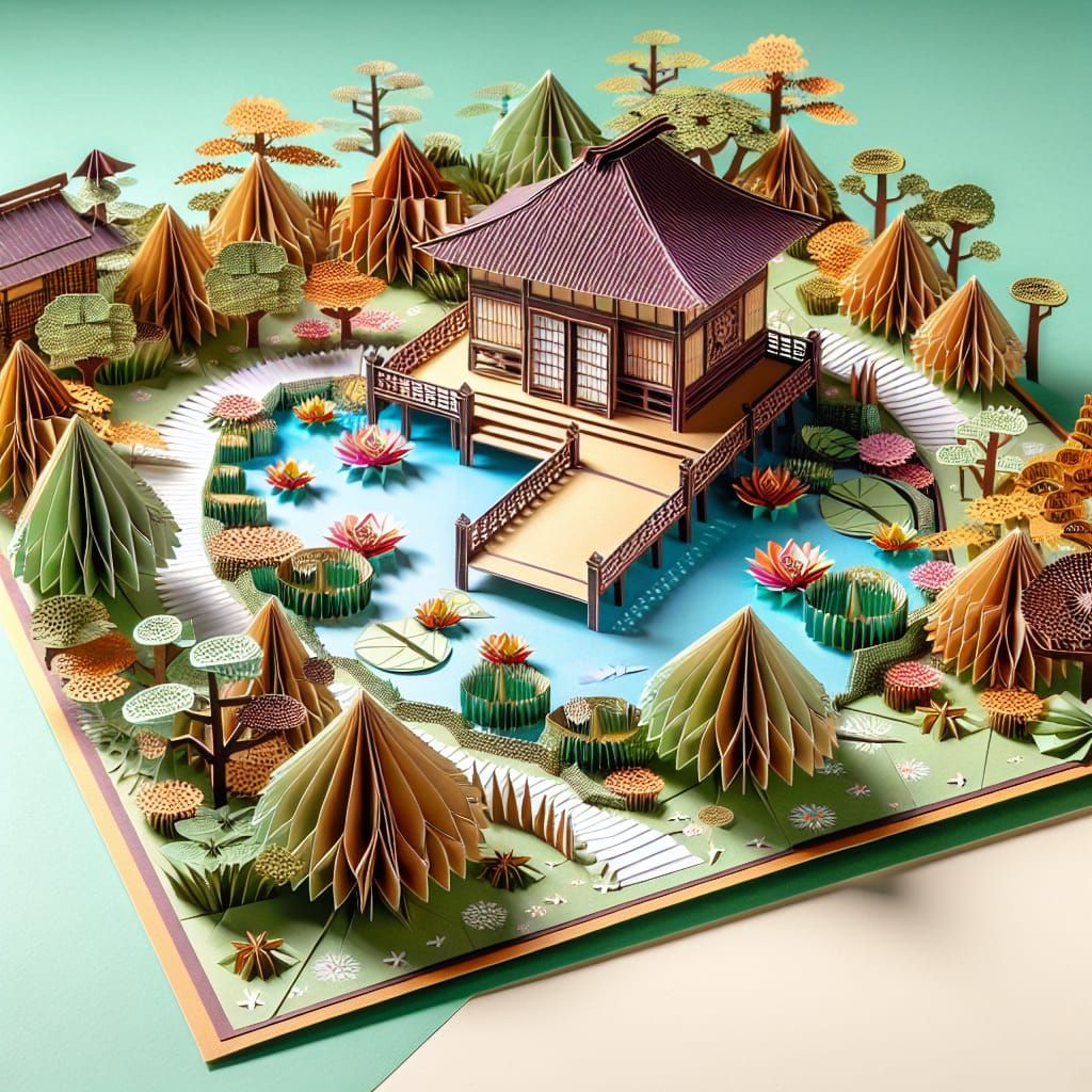 Intricate Origami Japanese Garden Pop-Up Card