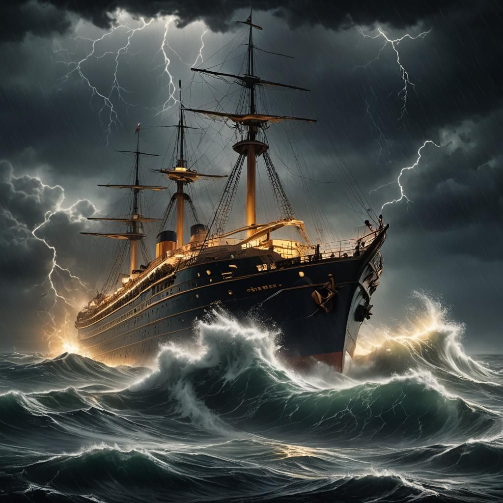 Titanic Sinking in Raging Storm: Dramatic Oil Painting