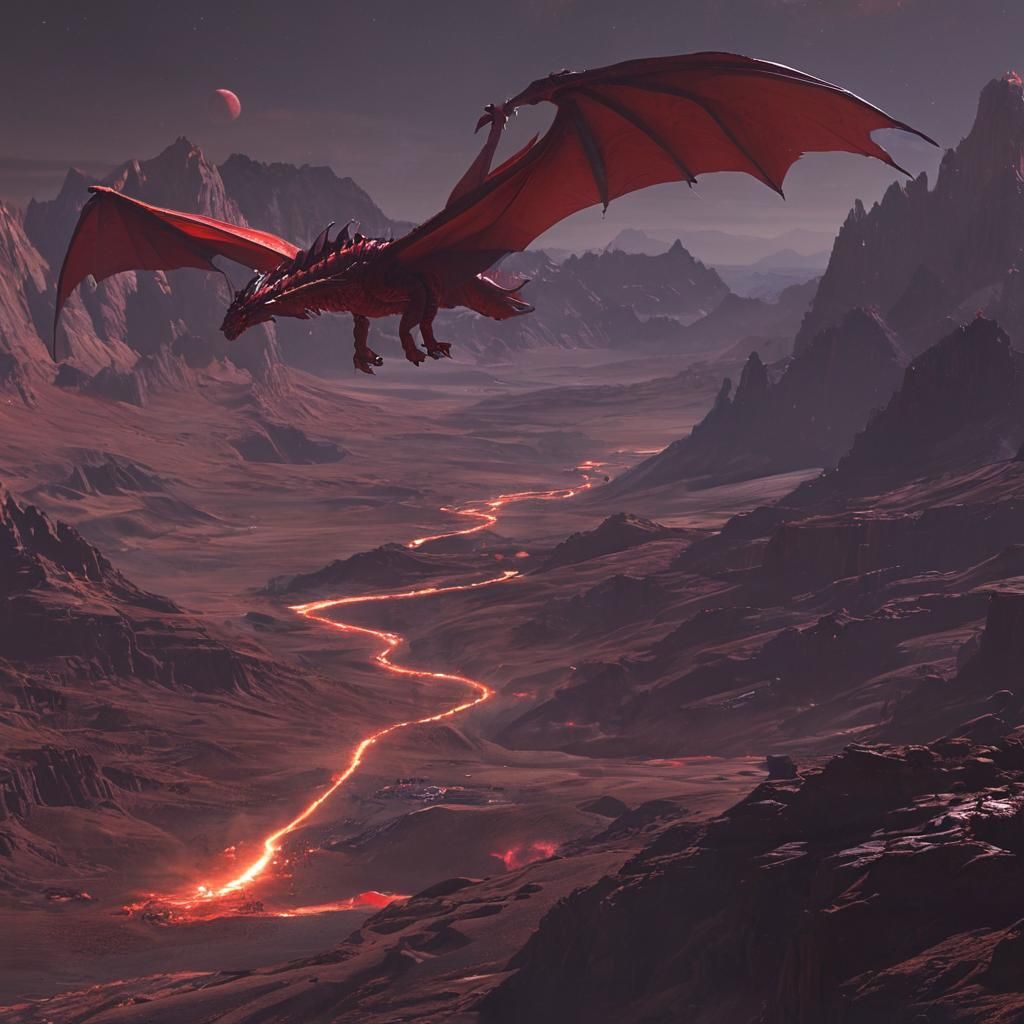 Dark Red Dragon Soars Over Desert Mountains