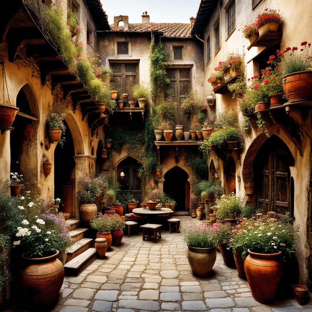 Arabic Courtyard Garden in Golden Age Illustration Style