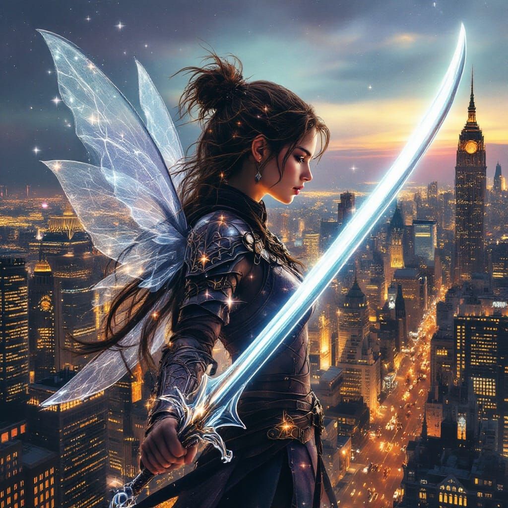 Whimsical Warrior Fairy Under City Lights