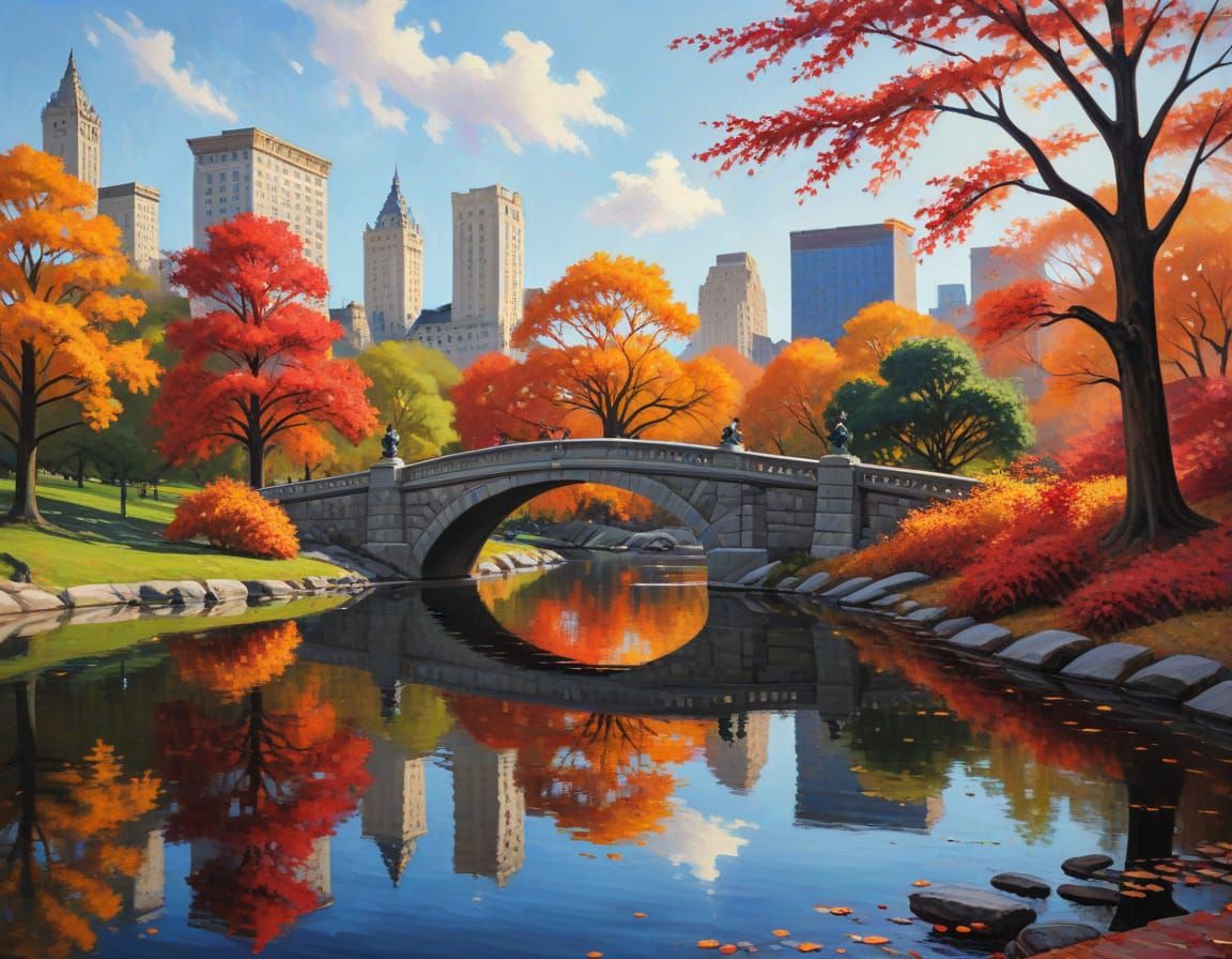 Autumn Serenity in Central Park Impasto Oil Painting