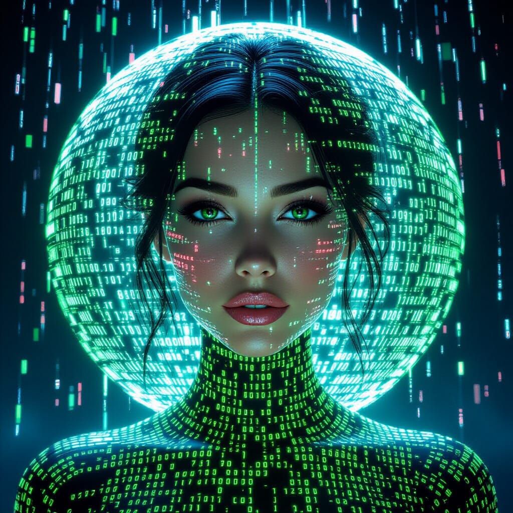 Digital Code Woman Portrait in Neon Green