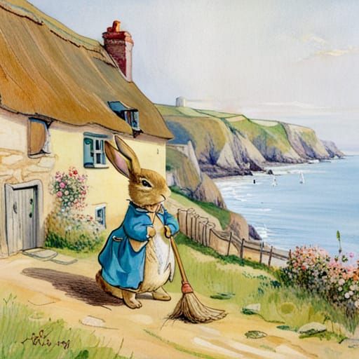 Whimsical Bunny Mother Sweeps on Pembrokeshire Cliffs
