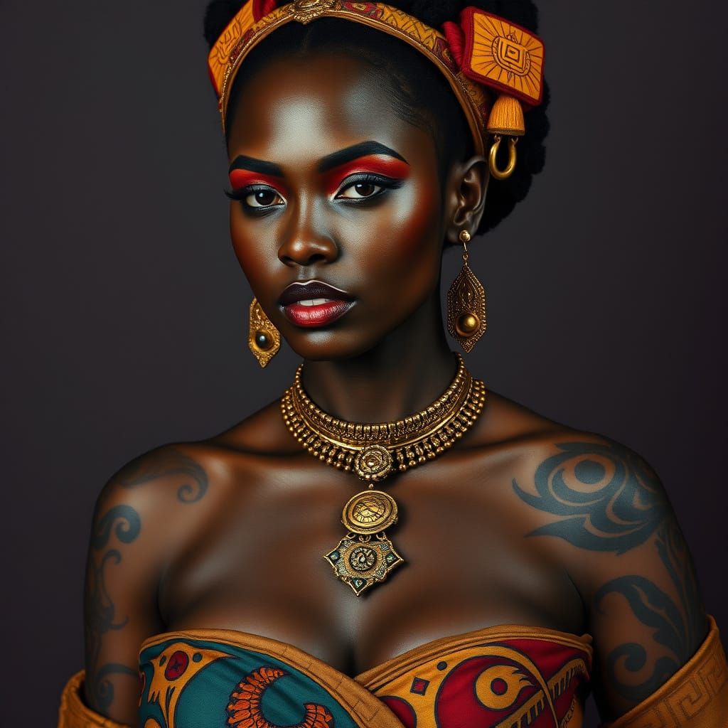 African Goddess with Aztec Mayan Voodoo Tattoos in Vibrant, ...