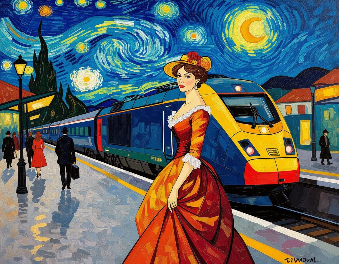 Elegant Woman at Train Station in Fauvist Style