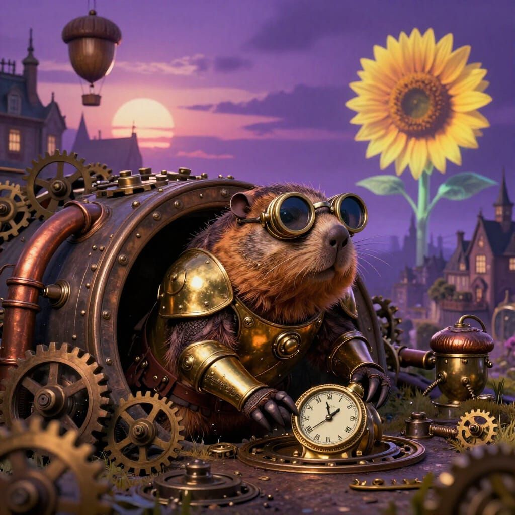 Steampunk Groundhog in Brass Armor with Clockwork Burrow