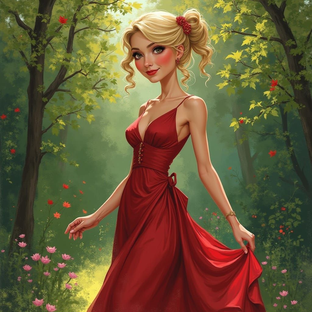 Elegant Woman in Garden: Vibrant Digital Art