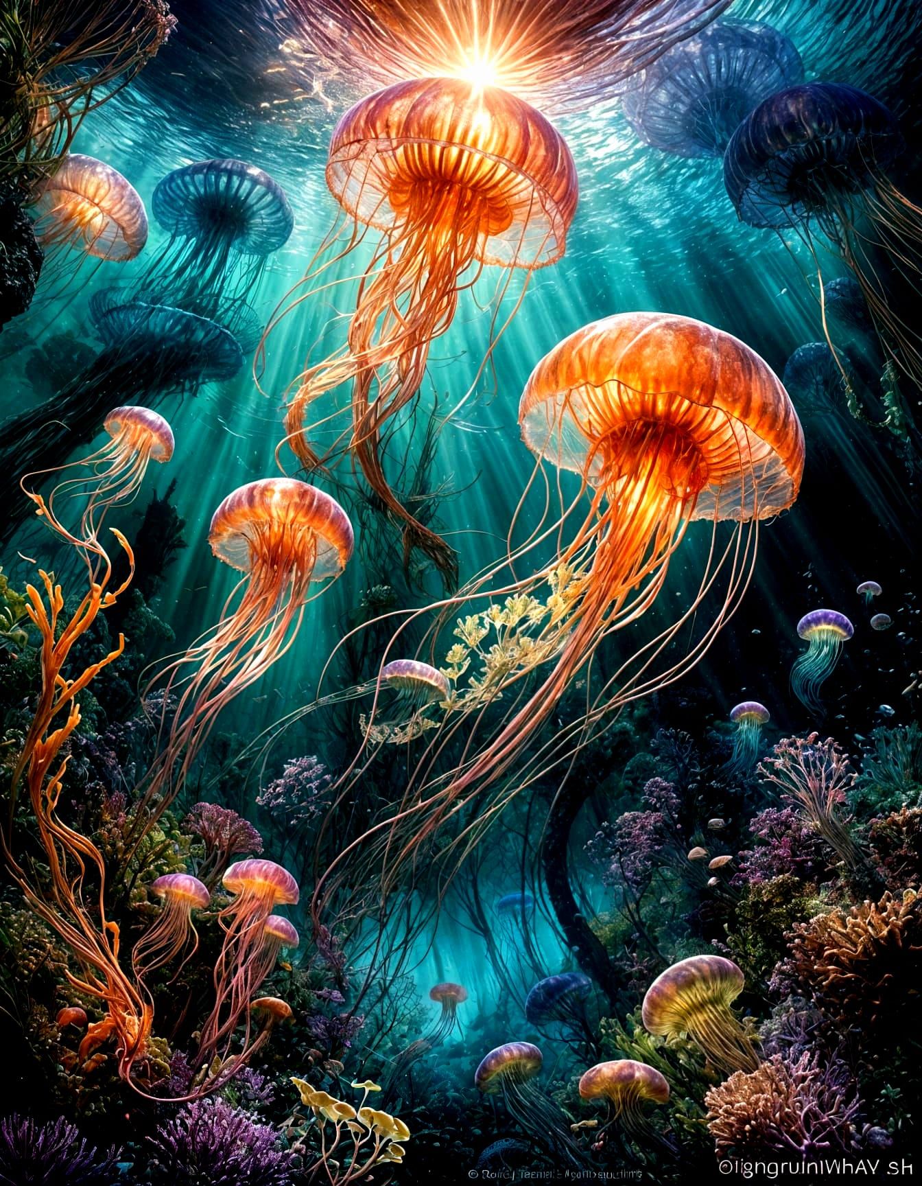 Colorful Jellyfish in Kelp Forest: Surreal Fantasy Art