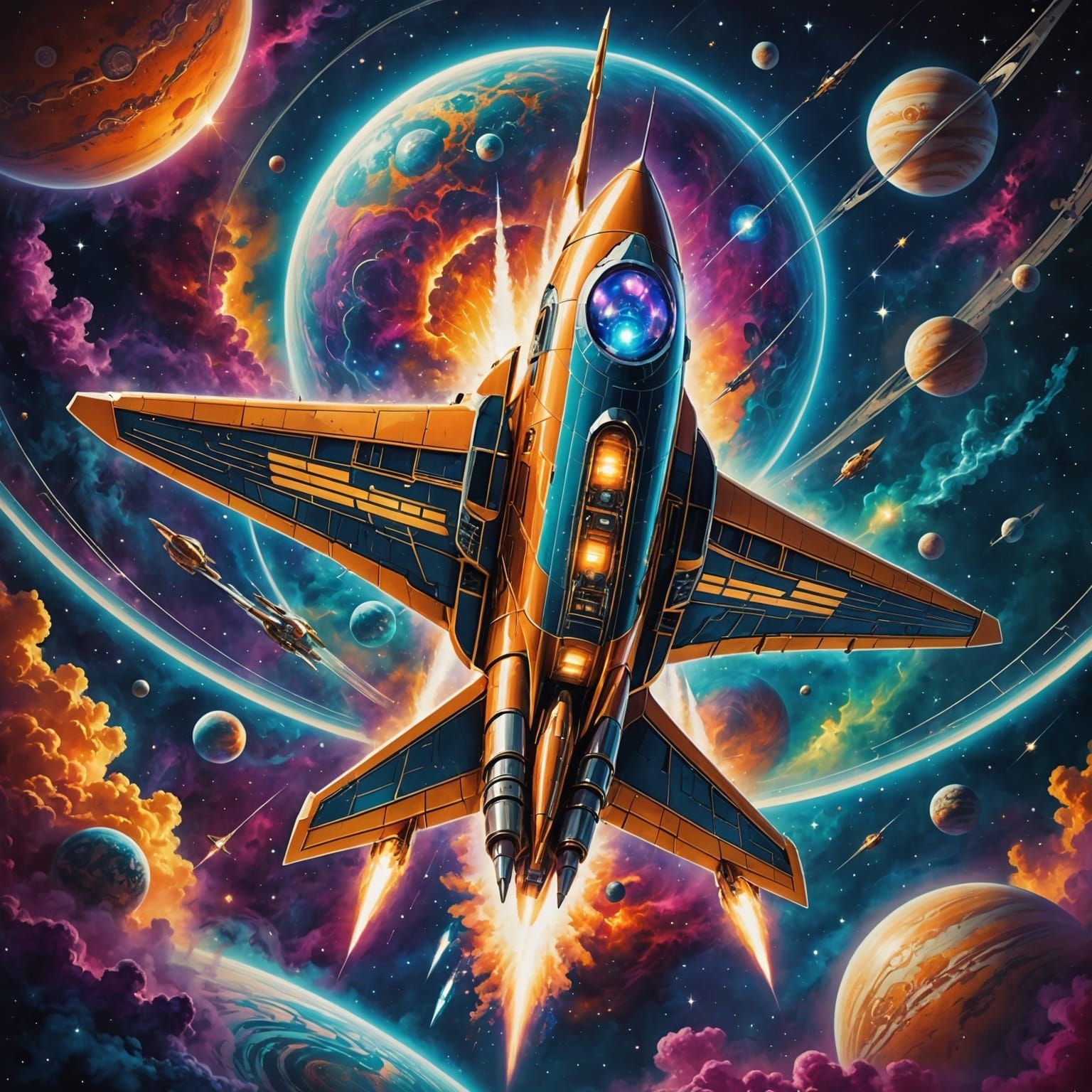 Retro-Futuristic Rocket Soaring Through Nebula