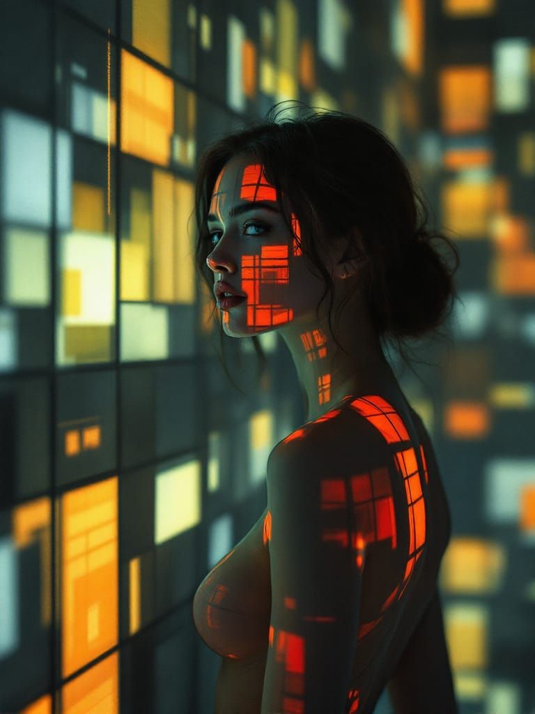 Woman's Profile with Geometric Body Art in Twilight