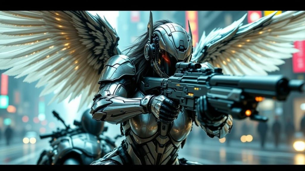 Cyber Angel in Futuristic Action Pose