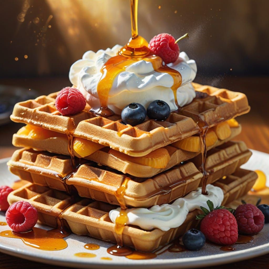 Delicious Waffle Stack with Fruit in Watercolor Style