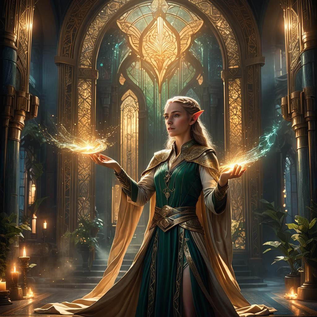 Elf Mage Casting Light Spell in Art Deco Style