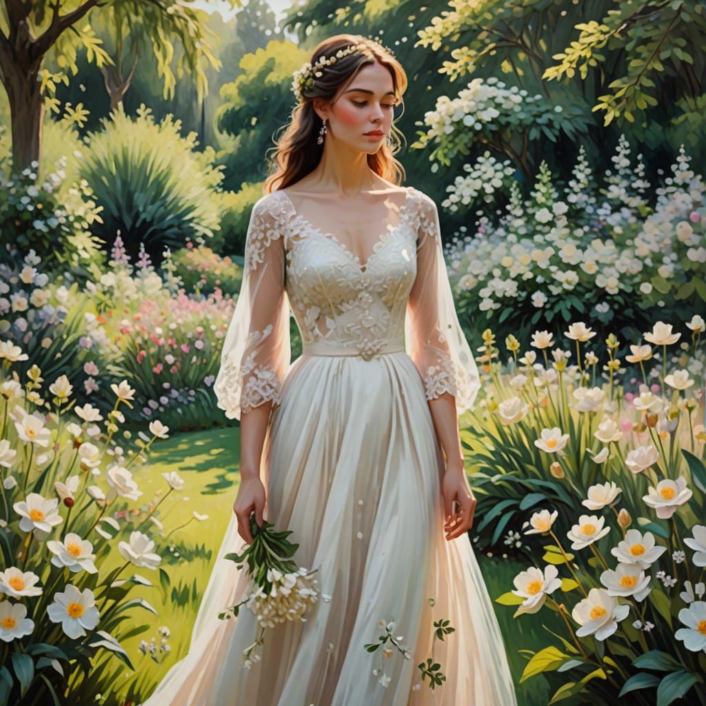 Young Bride Amidst Lush Botanical Garden Florals in Impressi...