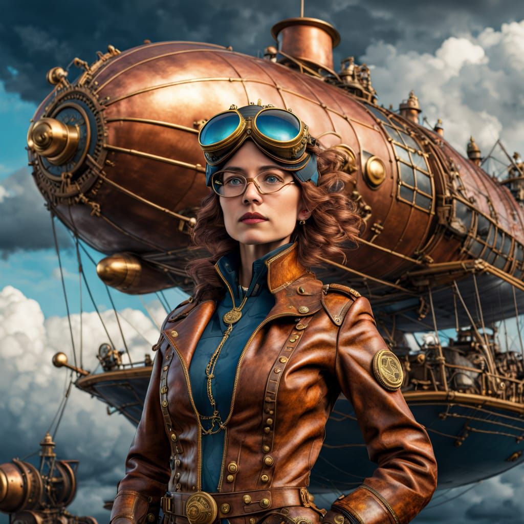 Steampunk Aviator Beside Airship Under Stormy Sky