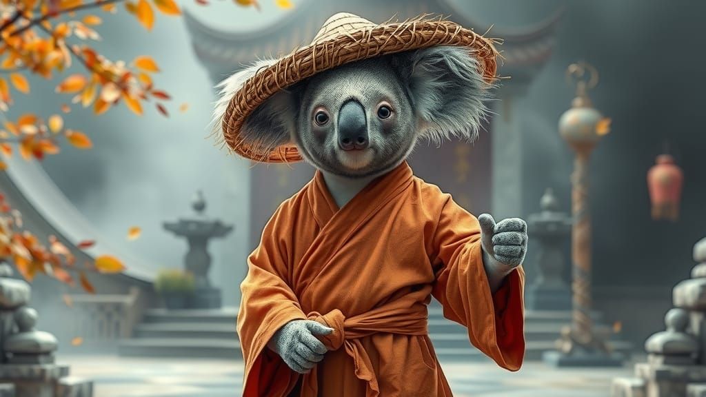 Koala Monk in Temple Garden: Hyper-Realistic Render