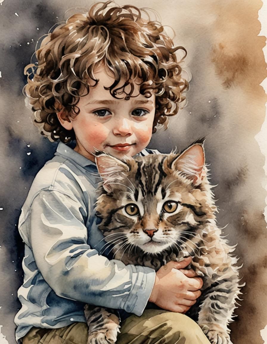 Watercolor Toddler Cuddling Kitten